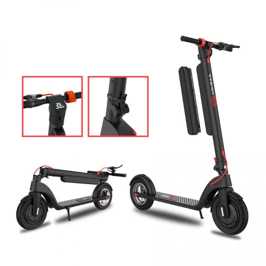Cruzaa Black e scooter with red accents on a white background