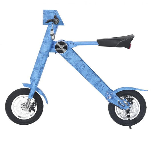 Limited edition denim blue foldable e-scooter with built in speakers and blue tooth by Cruzaa. 100% Electric
100% electric scooter reaching speeds up to 14.9 mph.