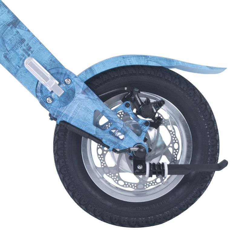 Limited edition denim blue foldable e-scooter with built in speakers and blue tooth by Cruzaa