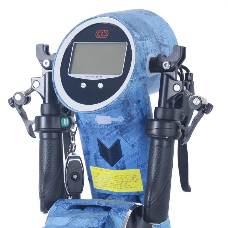 Limited edition denim blue foldable e-scooter with built in speakers and blue tooth by Cruzaa. Smart digital LCD display
Display shows mileage, throttle mode, speed and battery life.