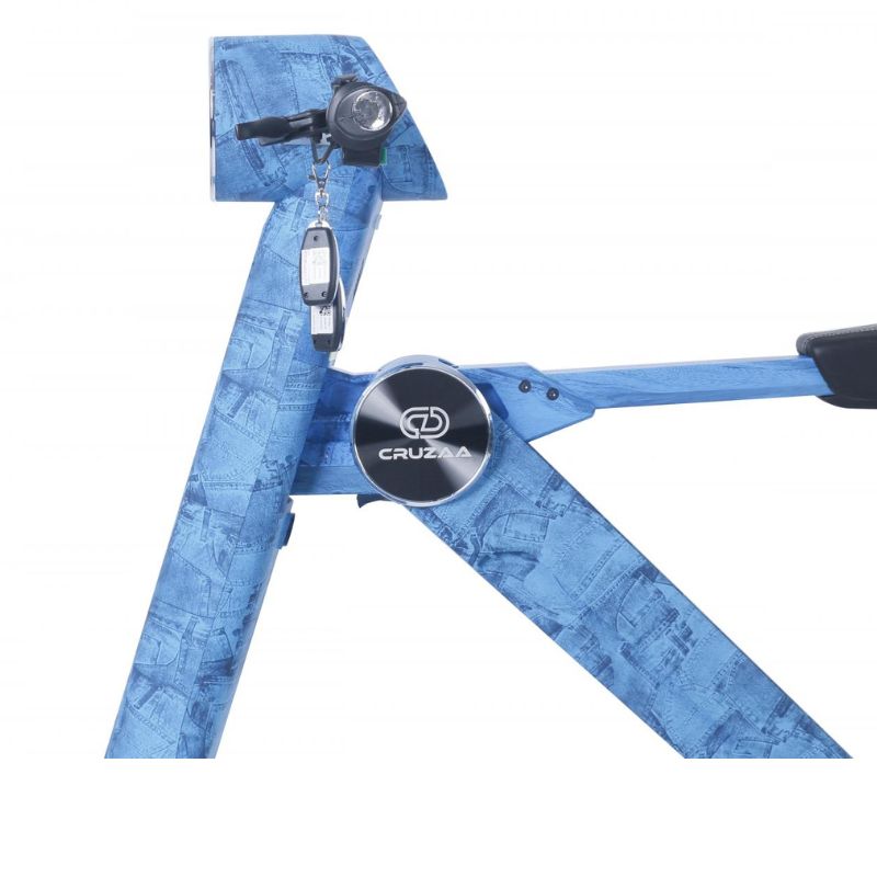 Limited edition denim blue foldable e-scooter with built in speakers and blue tooth by Cruzaa